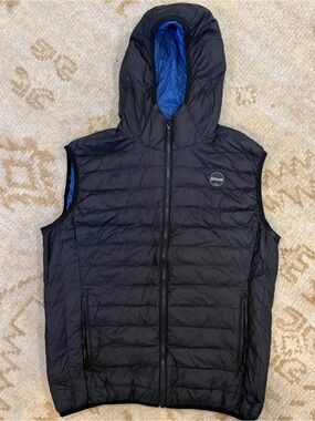 Schott Men’s Black Packable Hooded Puffer Vest with Blue Lining